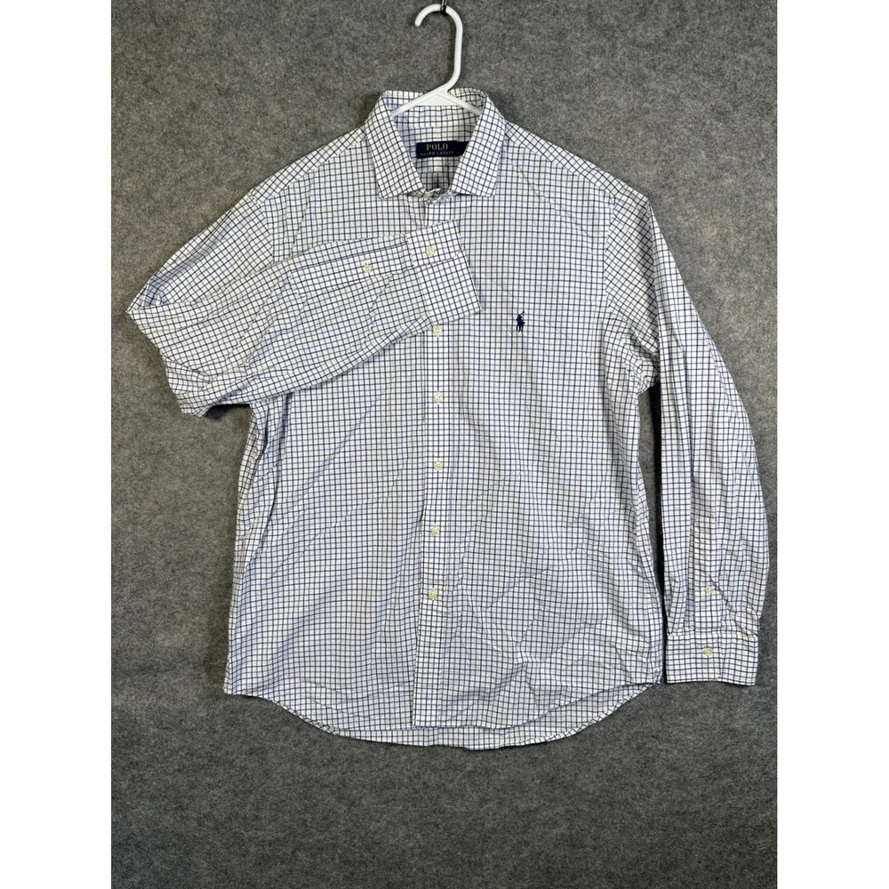 Polo Ralph Lauren Mens Large Blue White Grid Check Button Down Shirt Long Sleeve